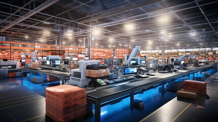 Poster - Sleek, high tech warehouse with robotic arms, ambient led lights, and digital displays