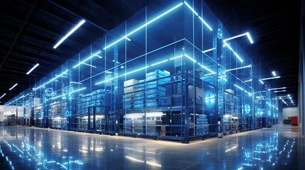 Poster - Robotic arms swiftly moving packages in futuristic warehouse illuminated by led lights