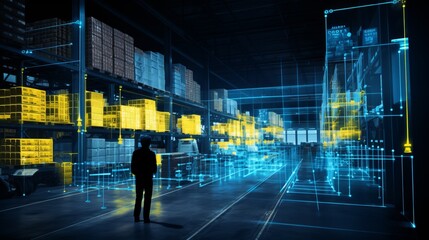 Poster - Robotic logistics warehouse with automated vehicles and digital interfaces optimizing supply chain