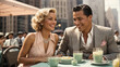 smiling elegant loving couple dressed in 1930s style clothes sitting at an outdoor table