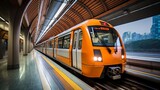Sleek and modern subway train in motion against the backdrop of a vibrant urban cityscape