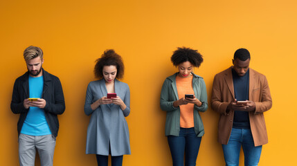 Wall Mural - Young people, each holding smartphone, standing against a wall