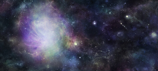 Wall Mural - dark deep space with multicoloured plasma mist background - wide outer space sky with stars, planets