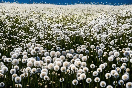 A sea of white dandelions contrasted against a rich blue sky