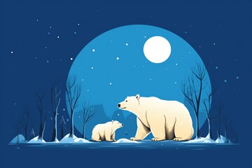 Wall Mural - polar bear family silhouetted by a full moon on a clear night