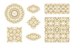 Set of golden decorative elements - ornamental rosette, round frames mandala, ornamental vector border ribbon, openwork textures, oriental style, on white background