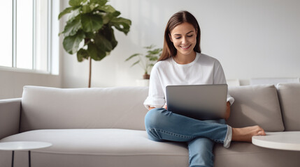 Wall Mural - Woman in a casual outfit works on a laptop in her office