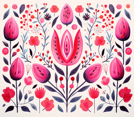 Wall Mural - Watercolor Scandinavian Folk Art Pink Love flower
