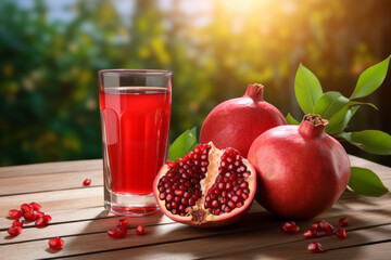 Wall Mural - Pomegranate juice and ripe fruits on wooden table in garden