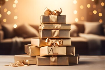 Gift boxes on wooden table with bokeh lights background. Gift boxes with golden bows on wooden table in front of defocused lights.