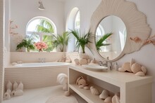 Bright Bathroom With White Tiles, Large Mirror, And Seashell Decorations