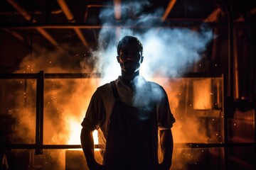 Poster - double-exposed image of foundry worker against smoky furnace backdrop