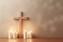 Christian Cross With Candles On Wooden Floor In Room, Copy Space