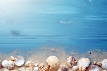 Seashells and sand on blue wooden background. Top view with space for text or items. Holiday sea background
