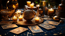 Still Life With Candle, Tarot Card And Mystical Fortune-telling Items, Esoteric Background