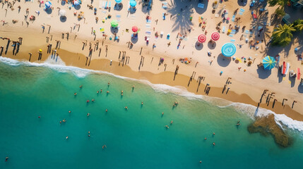 Ariel view of the Crowed  sandy beach and people swimming in beautiful clear sea water