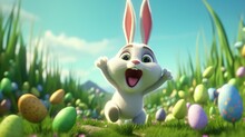 White Rabbit Running On Green Grass Field With Colorful Easter Eggs On The Ground, Generative AI