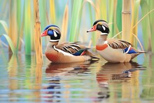 Pair Of Wood Ducks Among Reeds
