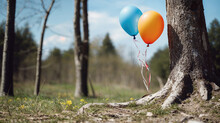 Party Balloons in Natural Woodland Environment. Springtime Celebration Concept.