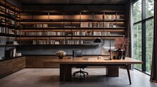 Industrial Style Office Interior With Dark Walnut Wood And Black Metallic Elements.