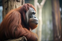 Orangutan In Profile Resting On A Tree Trunk