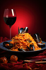 Poster - Dinner meal pasta background food spaghetti healthy seafood dish sauce lunch italian plate