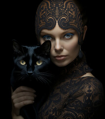 Wall Mural - Woman and black cat