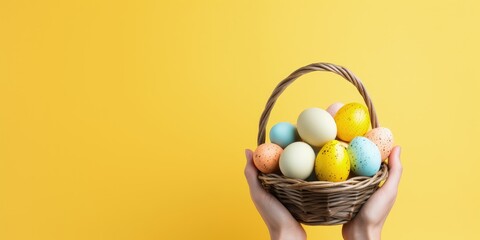 Wall Mural - Hands holding straw basket with colorful Easter eggs on yellow background with copy space, Generative AI