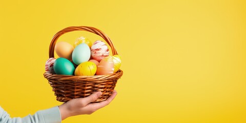 Wall Mural - Hands holding straw basket with colorful Easter eggs on yellow background with copy space, Generative AI