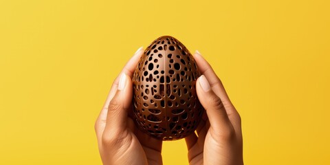 Wall Mural - Hands holding chocolate Easter egg isolated on yellow background with copy space Generative AI