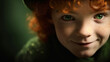 close-up of a ginger leprechaun kid's mischievous grin and twinkling eyes, Irish folklore and magic on St. Patrick's Day