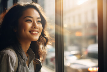 Asian beauty, A young woman with black curly hair smiles confidently, capturing the essence of joy and elegance Generative AI.