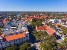 Ponce De Leon Hall Of Flagler College Aerial View In St. Augustine, Florida FL, USA. The Ponce De Leon Hall With Spanish Colonial Revival Style Is A US National Historic Landmark.