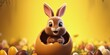 Rabbit inside an Easter egg, bunny breaking a chocolate egg in 3D modeling style on yellow background, Generative AI