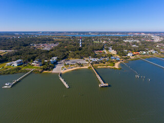 St. Augustine Lighthouse aerial view. This light is a National Historic Landmark on Anastasia Island in St. Augustine, Florida FL, USA.