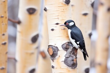 Wall Mural - black and white woodpecker contrasted on cherry bark