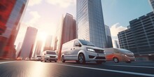 Fast Vans Driving In The Big, Modern City. Delivery Concept