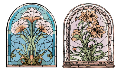 Set of two floral themed, art nouveau style stained glass windows, hand drawn