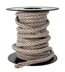 Wall Mural - Jute rope is wound on a plastic spool on a white background. Rope isolate