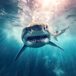 The majesty of the ocean, the shark gracefully approaches the camera, embodying the impressive power of the depths. A breathtaking underwater moment in stock photography.