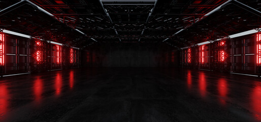 Wall Mural - Dark Underground Futuristic Sci Fi Warehouse Hangar Concrete Metal Structure Alien Tunnel Corridor Huge Room Glowing Red Lights Cyber Stage Showroom Parking 3D Rendering