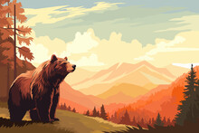 Grizzly Bear In A Beautiful Forest Against The Backdrop Of High Mountains. Stunning Wildlife Landscape With A Bear. Vector Illustration For Design, Poster, Banner, Card, Cover.