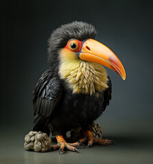 Portrait of a toucan chick against a dark background, capturing the charm of this delightful moment from stock photography.