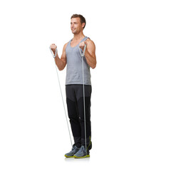 Wall Mural - Fitness, man and resistance band to workout in studio, gym and weight training for strong muscles. Sports person, exercise and commitment with gym equipment in mockup and cardio on white background