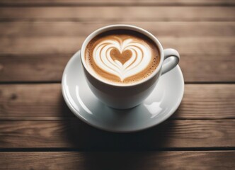 Wall Mural - Close up white coffee cup with heart shape latte art on wood tab

