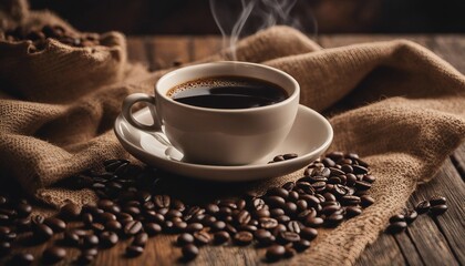 Wall Mural - Espresso Coffee Cup With Beans On Vintage Table, there's a sack with coffee beans on the side

