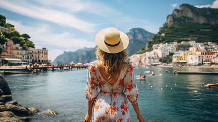 Wall Mural - 
Beautiful Italy. Back view of tourist girl exploring amazing Amalfi Coast, Italy.