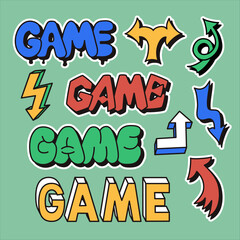 Poster - Sticker set word Game in vintage 90s style and different kind of arrows. Hand drawn lettering in bubble, street style graffiti and 2000s style. Square composition. Good for social media, background