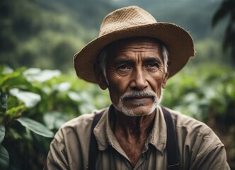 Wall Mural - portrait of old farmer on arabica coffee plantation with raw coffee berries

