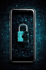 Fototapete - Cyber security, mobile phone with safety lock system for network. Smartphone screen for privacy, antivirus or hacking